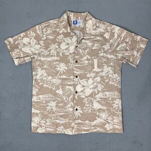 RJC Mens Tan Hibiscus Diamond Head Hawaiian Aloha Shirt Large Made in Hawaii